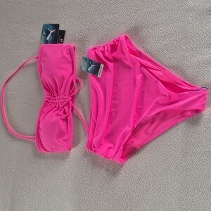 Puma Hot Pink Bandeau Removable Strap Top and High-Waist Bikini 2Piece Swimsuit